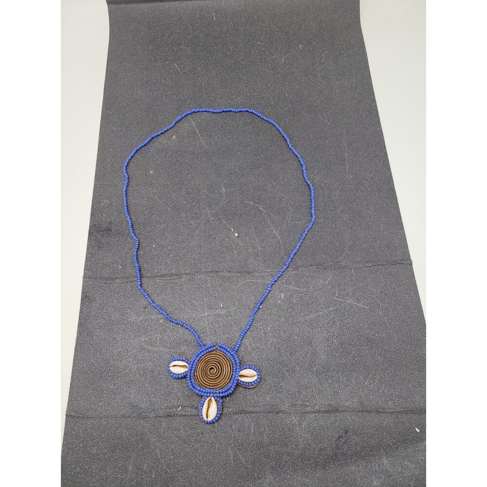 Blue Seed Bead Cowrie Shell Copper Necklace Boho Tribal Vtg Long